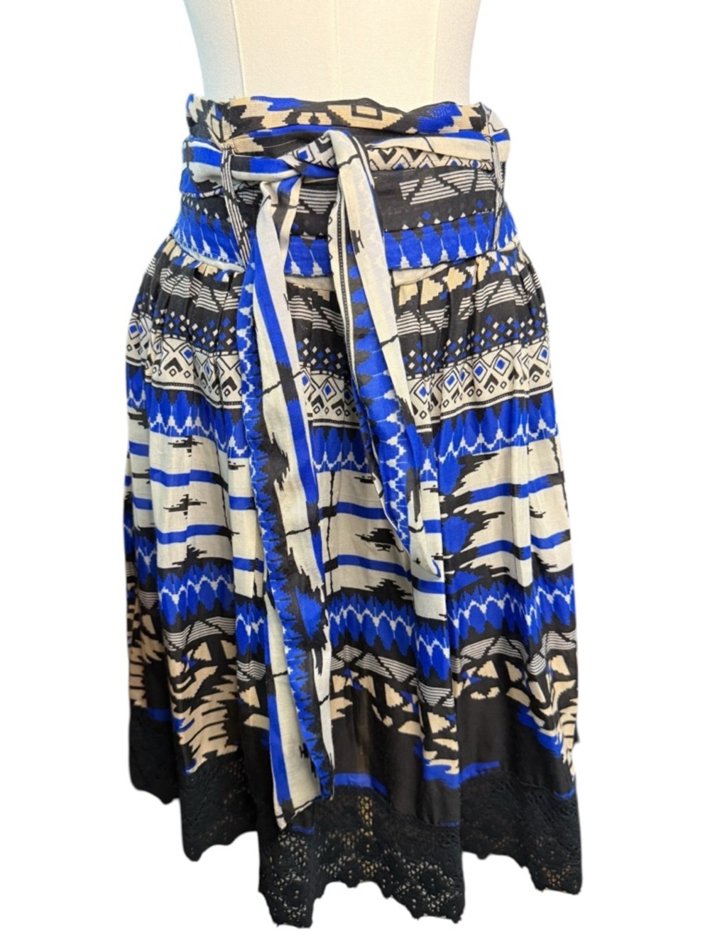Mix Nouveau Tie-Waist Mini Skirt in Blue and Black Aztec Print Size M